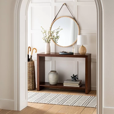 26" Wood Mirror With Pleather Strap Hanger - Threshold™ Designed With Studio McGee 1 26" Wood Mirror With Pleather Strap Hanger - Threshold™ Designed With Studio McGee